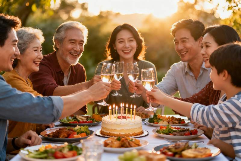 家庭户外聚餐举杯庆生图片