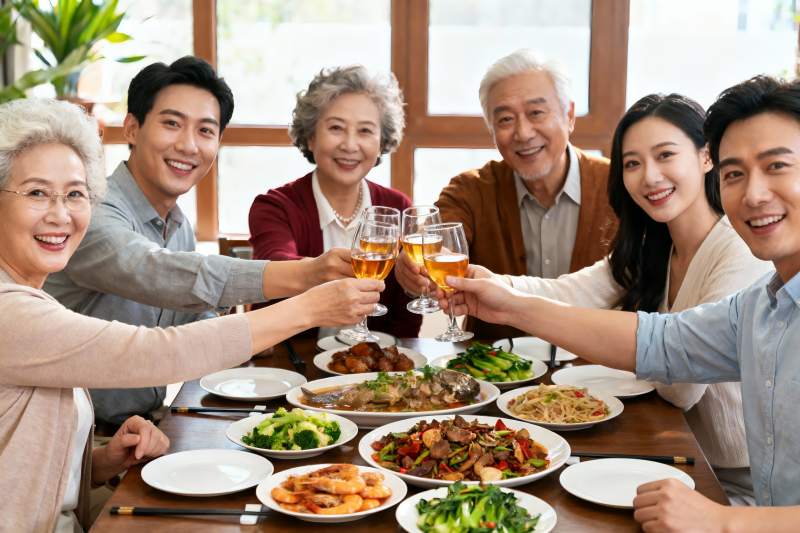三代同堂家庭聚餐举杯欢庆图片