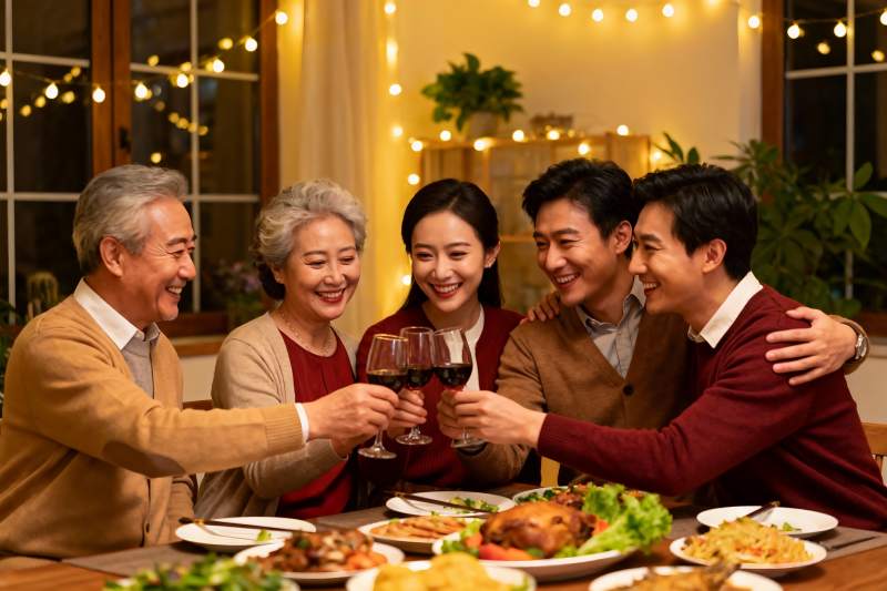 三代同堂家庭聚餐举杯欢庆图片