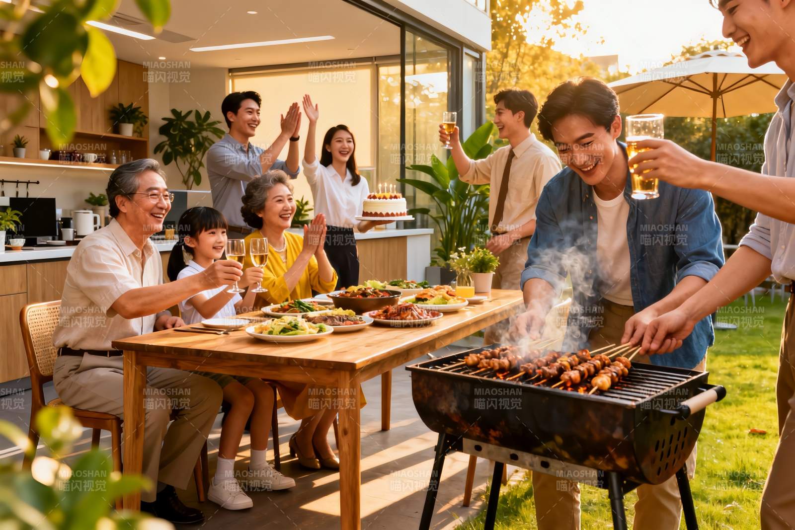 家庭户外烧烤聚会欢乐场景图片