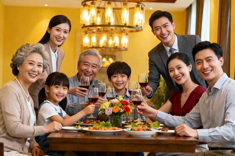 三代同堂家庭聚餐举杯欢庆图片