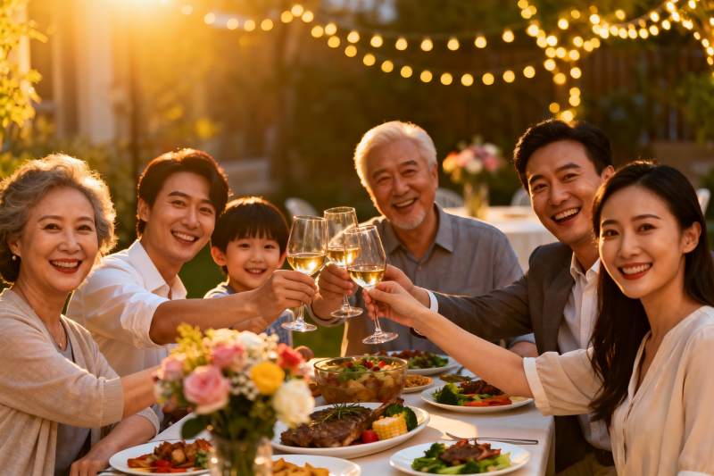 三代同堂户外聚餐举杯欢庆图片