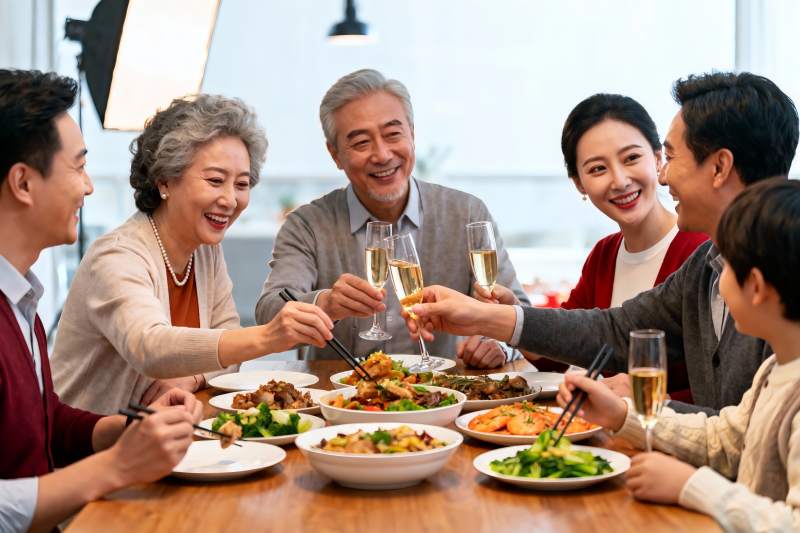 三代同堂家庭聚餐举杯欢庆图片