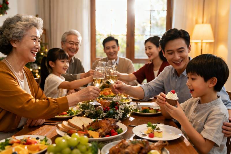 温馨家庭聚餐举杯欢庆图片