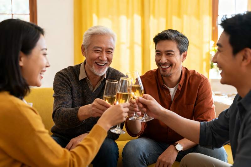 四人举杯欢庆家庭聚会图片