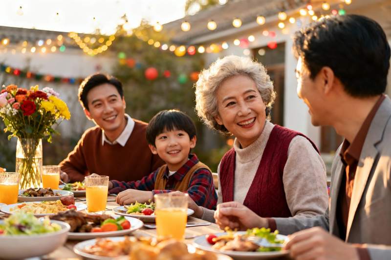 三代同堂户外聚餐其乐融融图片