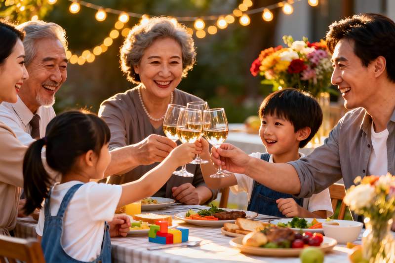 家庭户外聚餐举杯欢庆图片