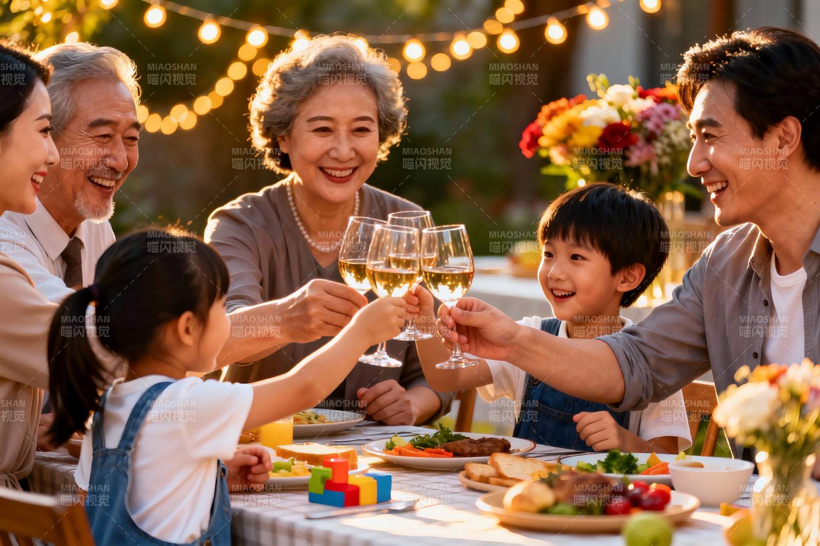 家庭户外聚餐举杯欢庆图片