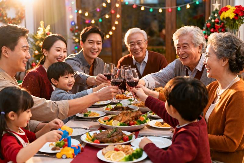 温馨家庭圣诞聚餐举杯欢庆图片