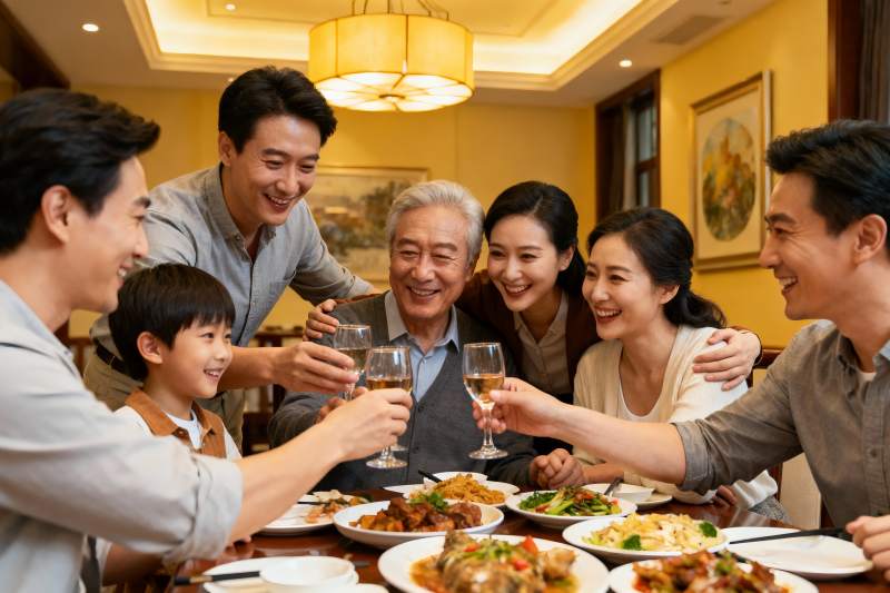 三代同堂家庭聚餐举杯欢庆图片