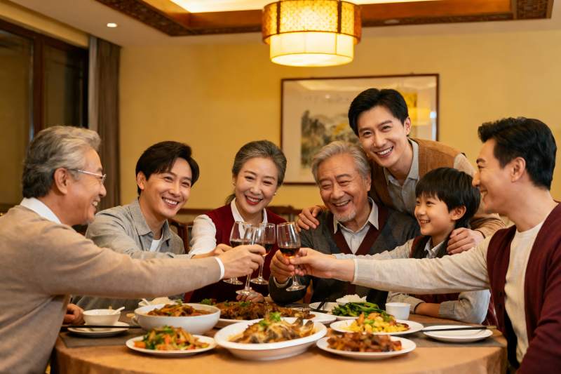 三代同堂家庭聚餐举杯欢庆图片