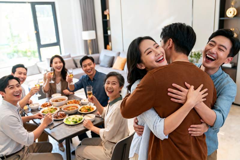 家庭聚餐欢庆拥抱场景图片