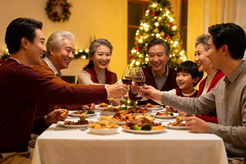家庭圣诞聚餐举杯欢庆图片