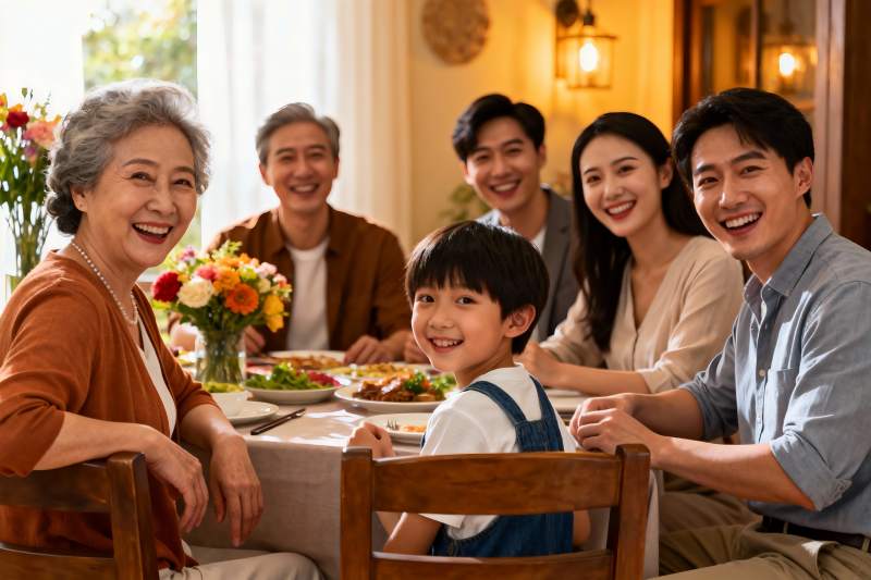 三代同堂家庭聚餐温馨场景图片