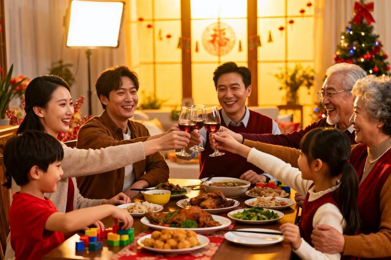 温馨家庭圣诞聚餐举杯欢庆图片