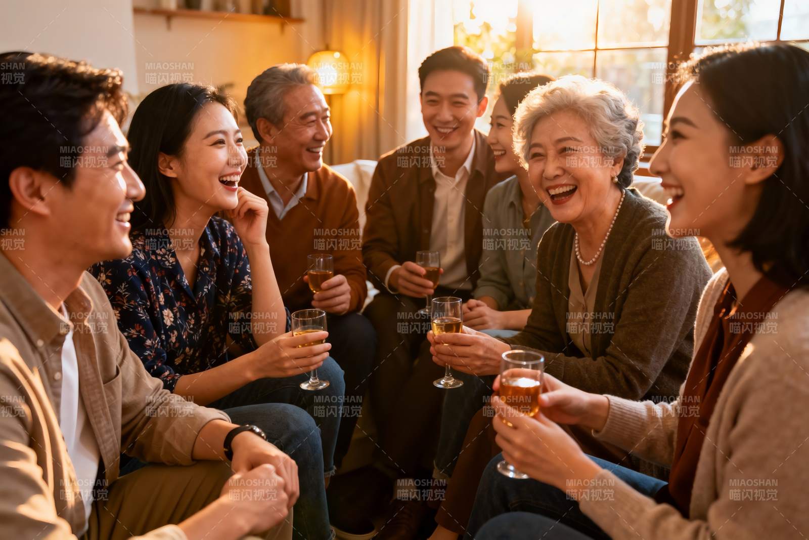 家庭聚会欢笑举杯温馨场景图片