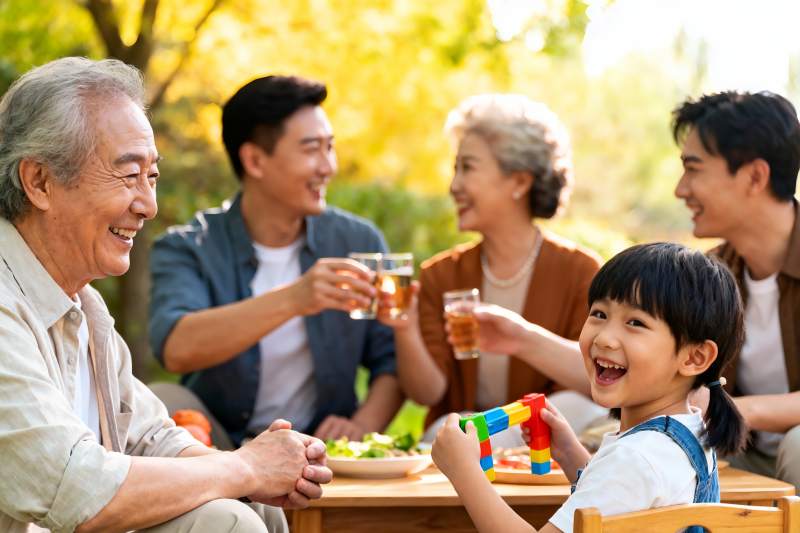 三代同堂户外聚餐其乐融融图片