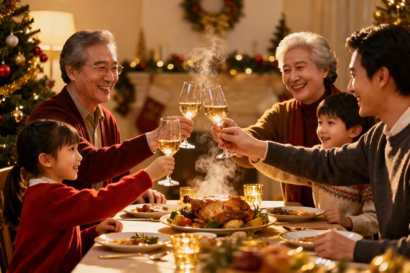 圣诞家庭聚餐举杯欢庆图片