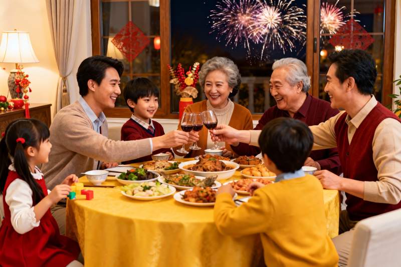 家庭除夕夜团圆饭欢庆场景图片