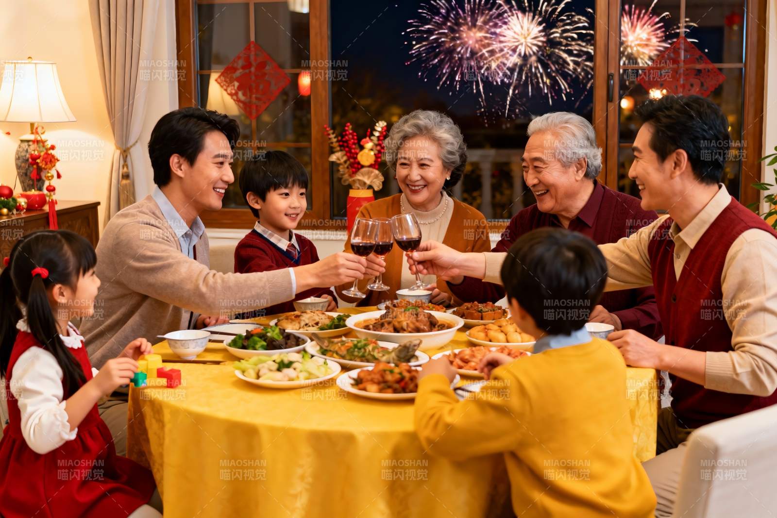 家庭除夕夜团圆饭欢庆场景图片