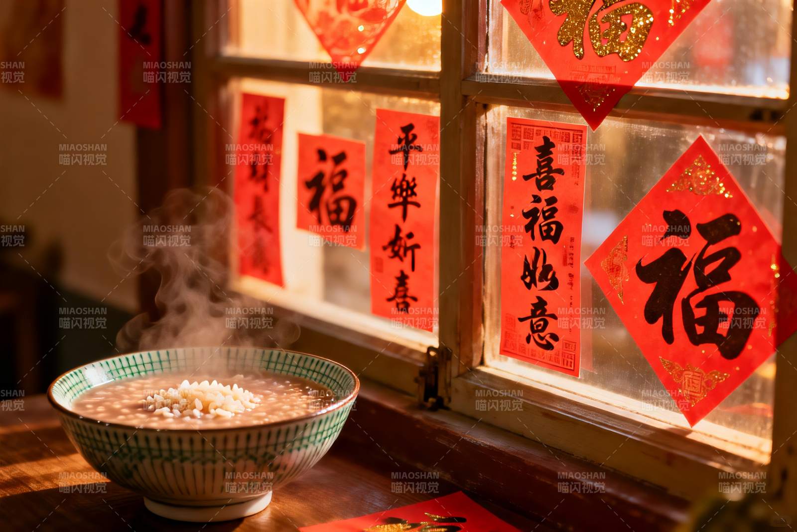 窗前热粥与新年福字装饰图片