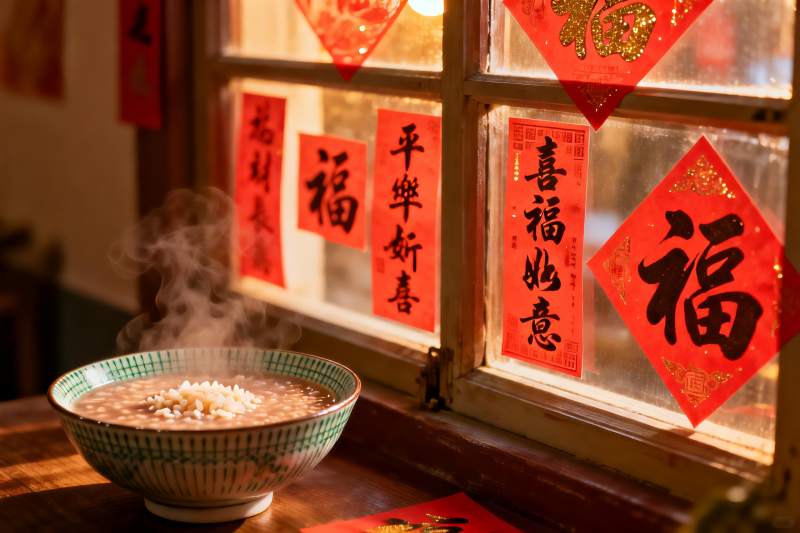 窗前热粥与新年福字装饰图片