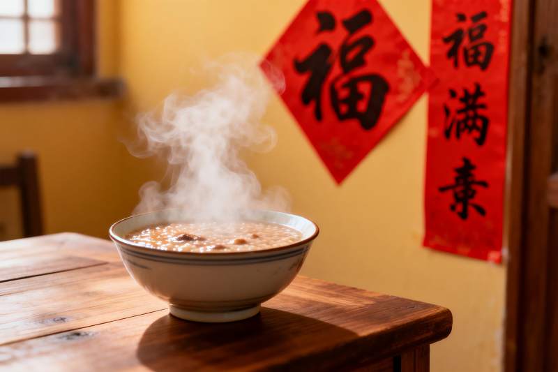 热气腾腾的粥与福字装饰图片