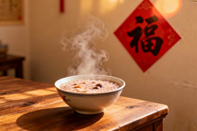 热气腾腾的粥碗与福字装饰图片
