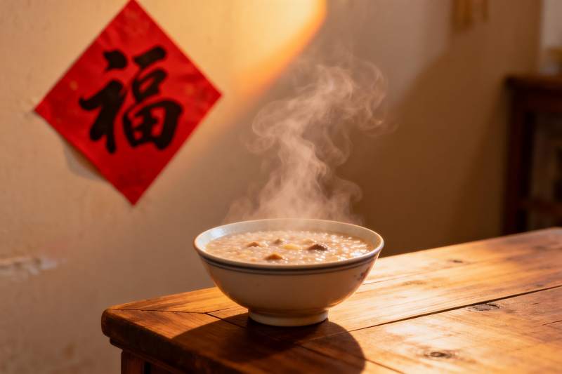 热气腾腾的粥与福字装饰图片
