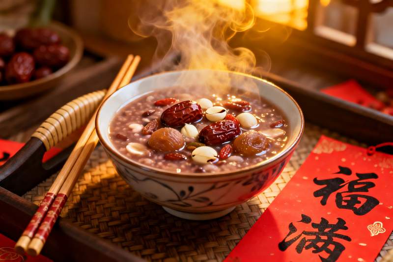 热气腾腾的八宝粥配红福字图片
