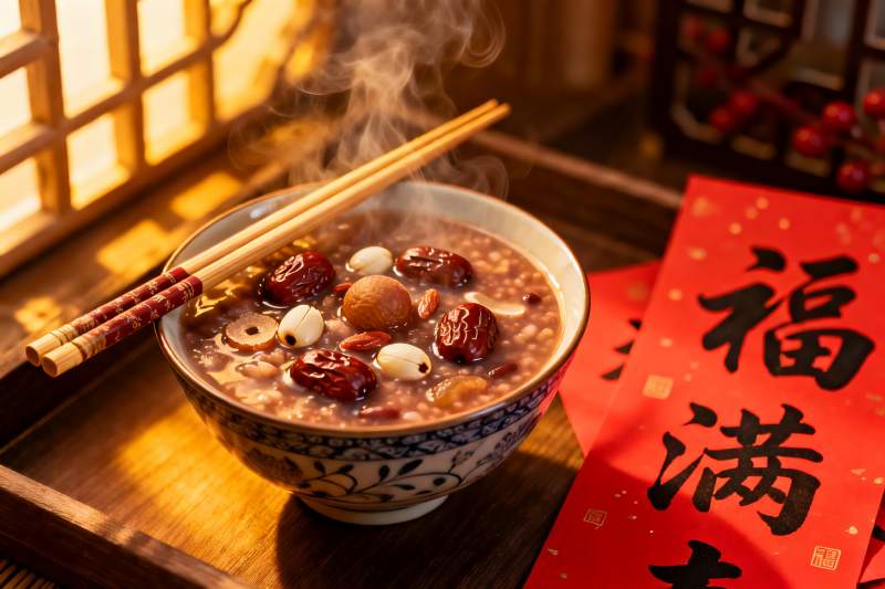 热气腾腾的八宝粥配春联图片