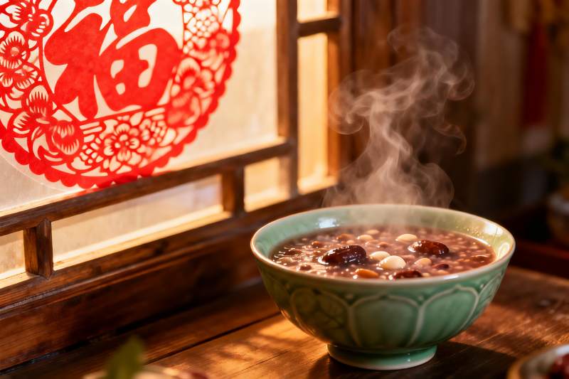 热气腾腾的八宝粥与窗花图片