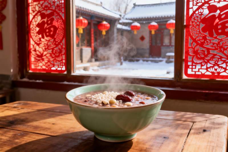 窗前热粥映雪景图片