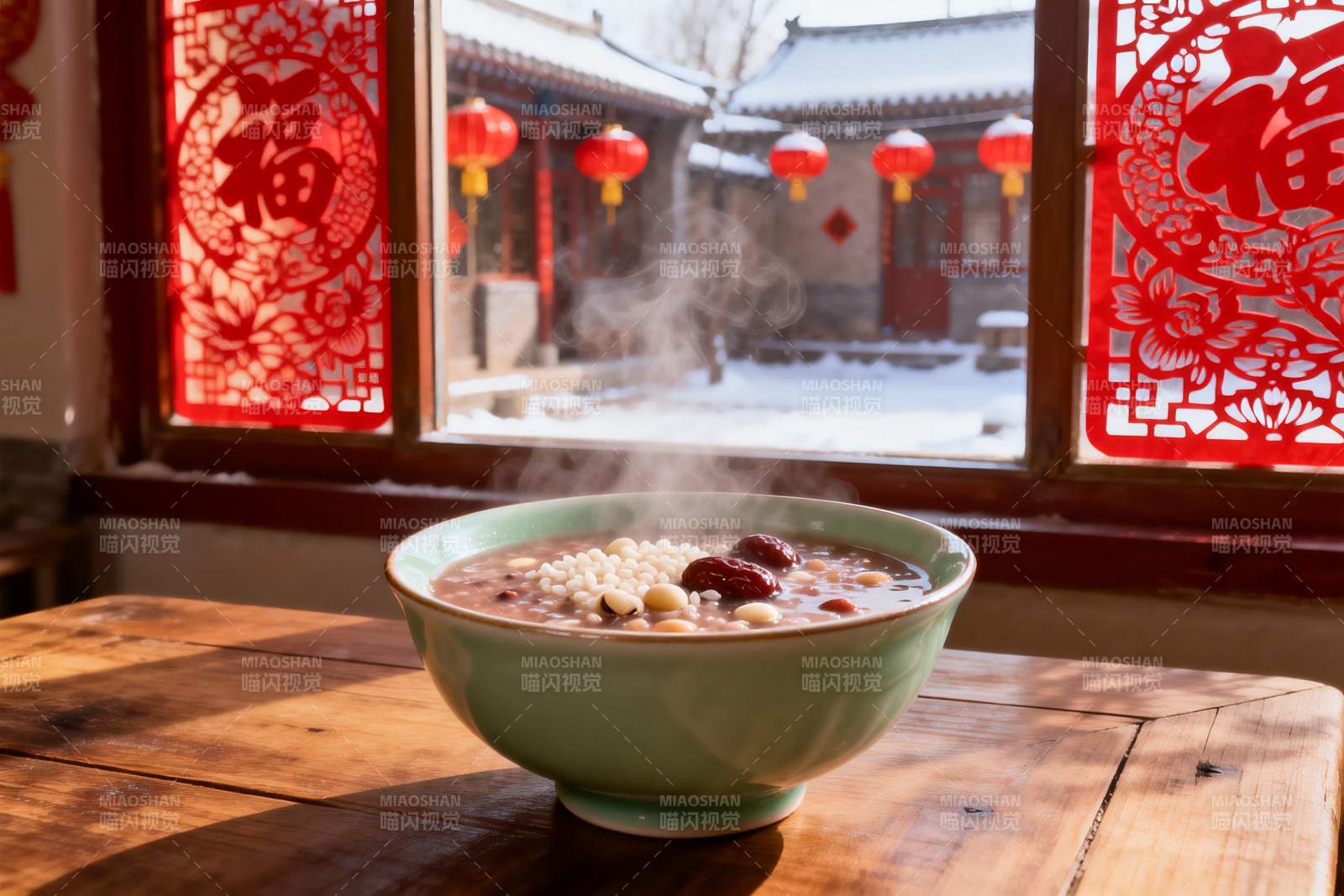 窗前热粥映雪景图片