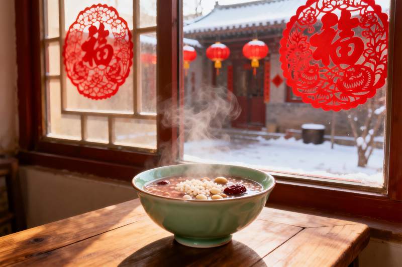 窗边热粥映雪景图片