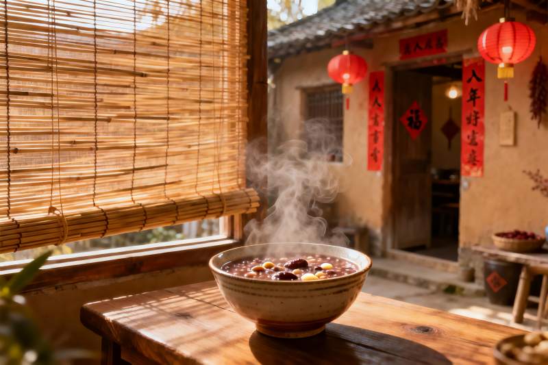 热气腾腾的红豆粥与古朴庭院图片