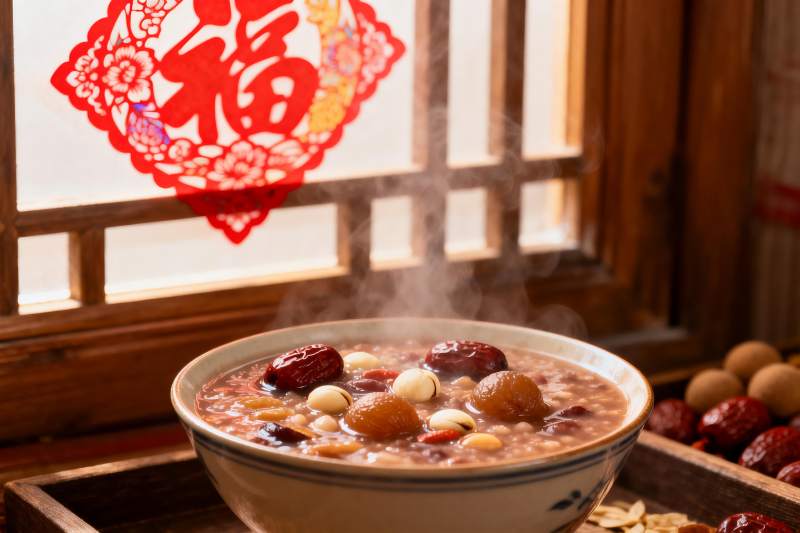热气腾腾的八宝粥配窗花图片