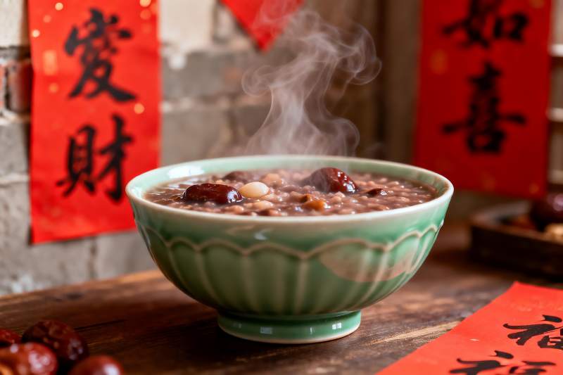 热气腾腾的腊八粥配红色对联图片