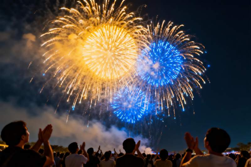 夜空烟花绽放人群欢呼图片