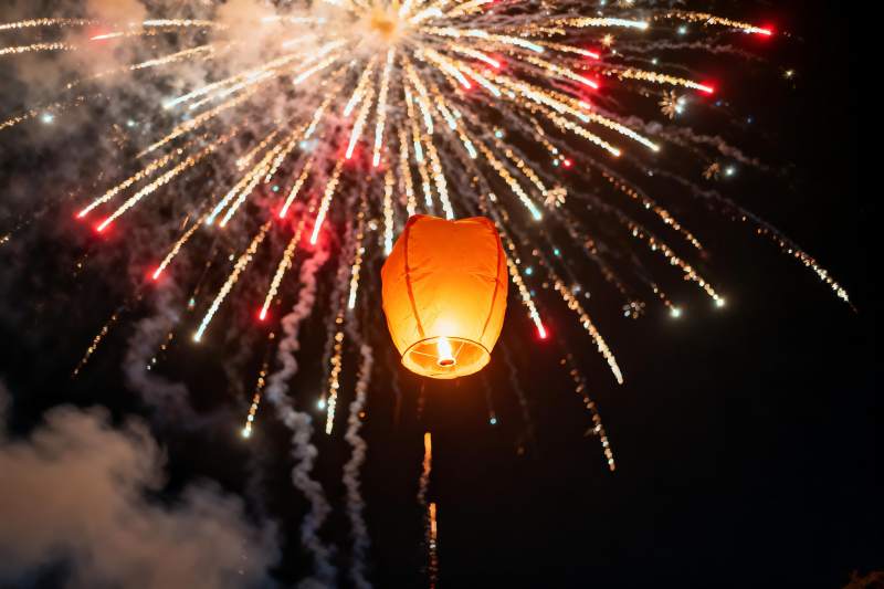 夜空孔明灯烟花绽放图片