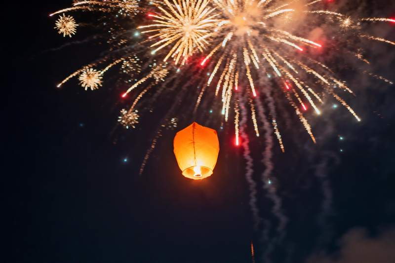 夜空孔明灯烟花齐放图片