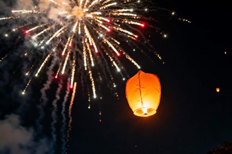 夜空烟花孔明灯共舞图片