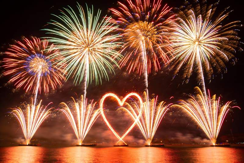 夜空中绚丽多彩的烟花表演图片