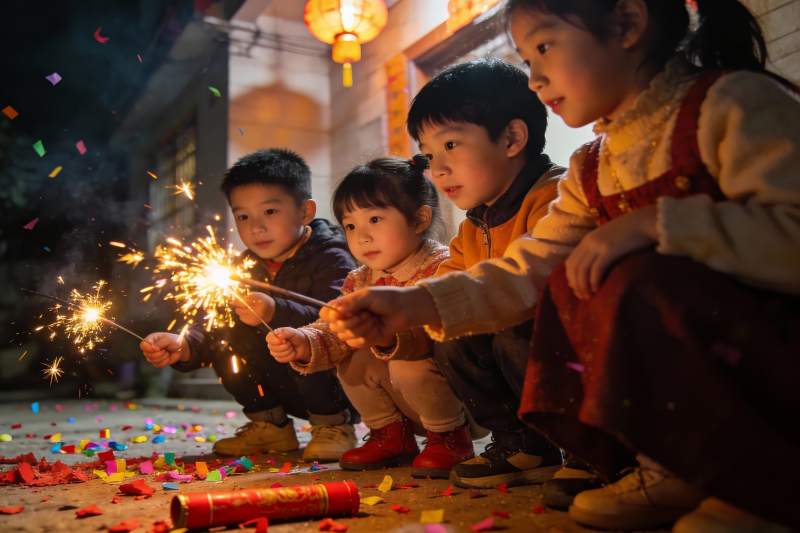 儿童手持烟花庆祝节日图片