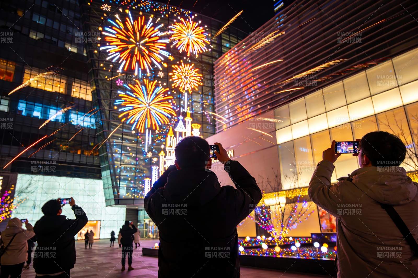 夜景烟花秀众人拍照留念图片