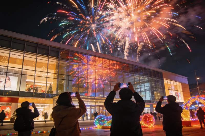 夜景烟花秀众人拍照留念图片