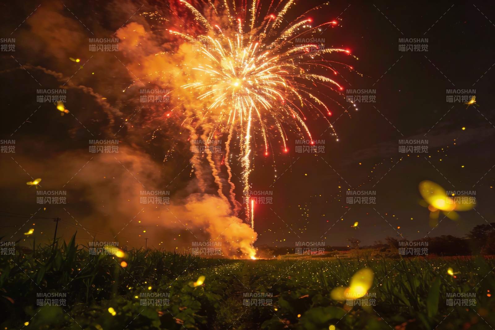 夜空烟花绽放萤火虫飞舞图片