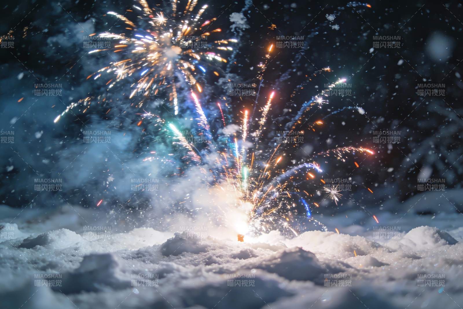 雪地烟花夜景图片