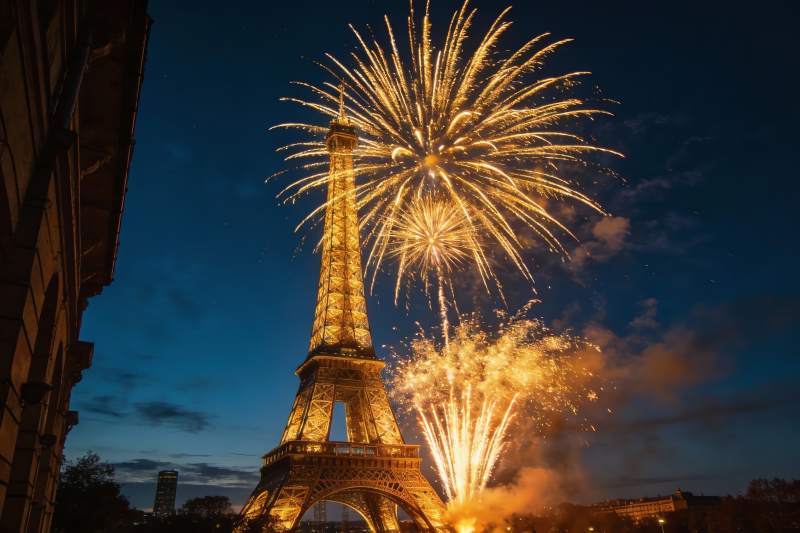 埃菲尔铁塔夜空烟花绽放图片