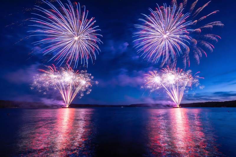夜空烟花绽放湖面倒影绚丽图片